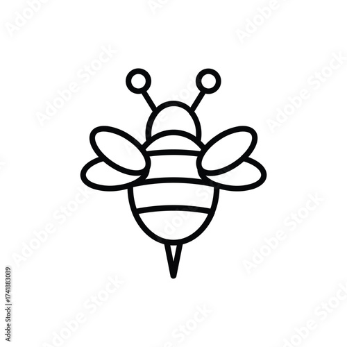 A black linedrawing depicting a bee It has a rounded body wings antennae and a stinger. line icon editable stroke.