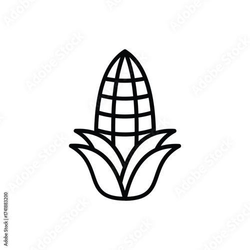 A black outline illustration depicts an ear of corn with crosshatching and leaves. line icon editable stroke.