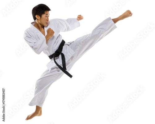 Male Asian Taekwondo athlete performing a mid air jump kick, on transparent background 