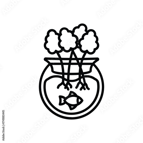 A blacklined illustration depicts a fishbowl with a fish and plants inside. line icon editable stroke.