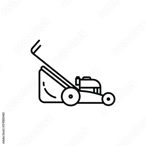 A blacklined lawnmower icon side view with a handle and collection bag. line icon editable stroke.