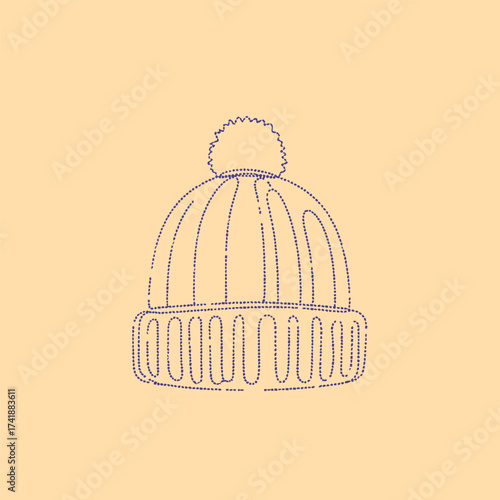 Dotted outline of a cozy winter beanie with a pom-pom on top, set against a soft pastel , emphasizing warmth and comfort