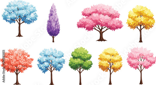 Beautiful colorful trees illustration, spring blossom, autumn foliage, fantasy garden design, vibrant seasonal leaves, decorative natural elements, forest 