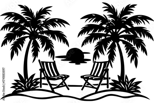 Beach scene with chair and palms