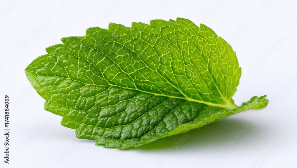 Obraz premium A vibrant green leaf displays intricate vein patterns and serrated edges, set against a clean .