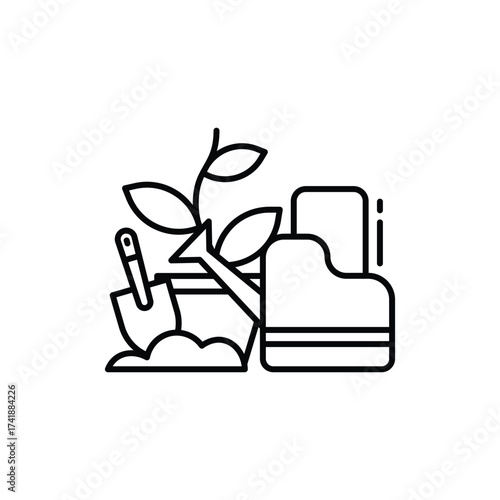 A line drawing depicts gardening tools Theres a shovel sprout boots and watering can. line icon editable stroke.
