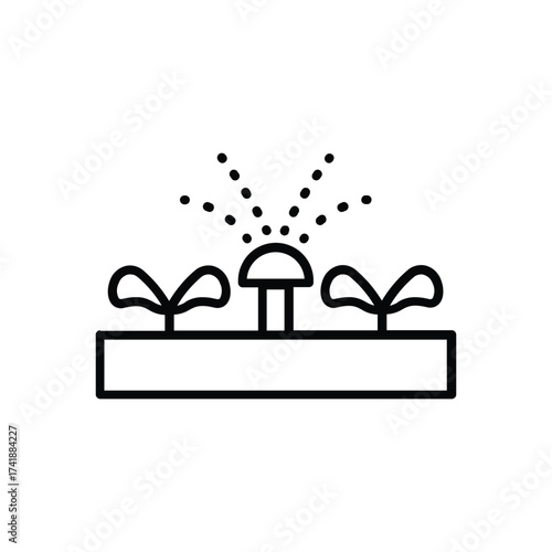 A line drawing depicts a sprinkler system watering seedlings composed of a box a central fountain and two small plants. line icon editable stroke.