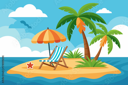 Tropical beach with palm trees and umbrella