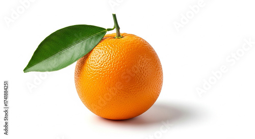 A single ripe orange with a green leaf, isolated on white background