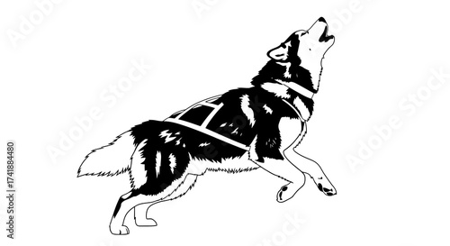 Howling Husky Dog in Harness Black and White.