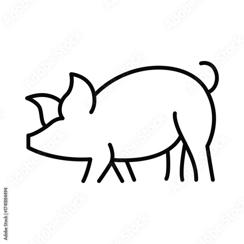 A stylized line drawing of a pig in profile It has a rounded body a curly tail and visible legs. line icon editable stroke.