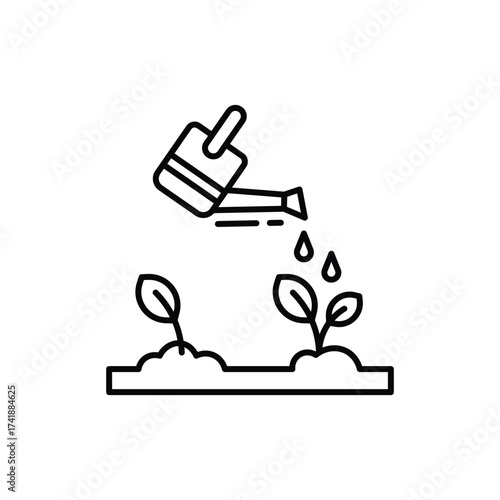 A watering can pours water onto two small plants growing in a soil plot. line icon editable stroke.