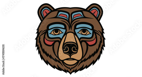 Stylized Brown Bear Head in Indigenous Art Style.