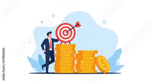 Businessman achieving financial goals with stacked coins and a target board signifying success.