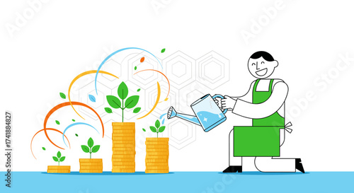 Gardener carefully watering plants growing from stacks of coins symbolizing financial growth and investment.