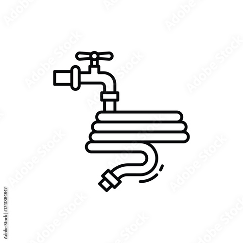 An outline illustration depicting a faucet attached to a coiled hose. line icon editable stroke.