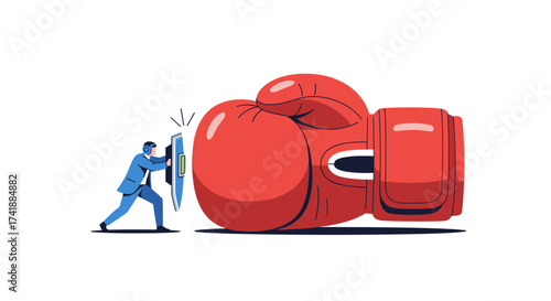 A small businessman bravely defends himself against a giant boxing glove representing immense challenges.