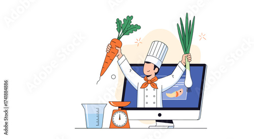 An illustration of a chef teaching cooking online with fresh vegetables and ingredients on a scale.