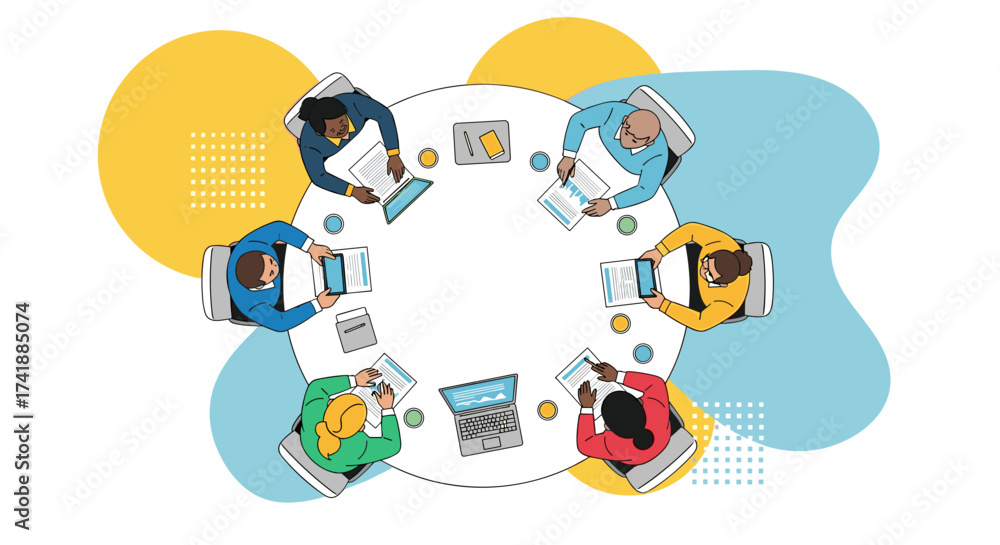 Obraz premium A diverse group of professionals collaborates around a circular table in a bright, modern office setting.