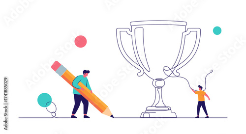Illustration of people drawing a trophy representing achievement and success.