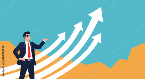 A businessman gesturing towards upward trending arrows symbolizing growth and success.