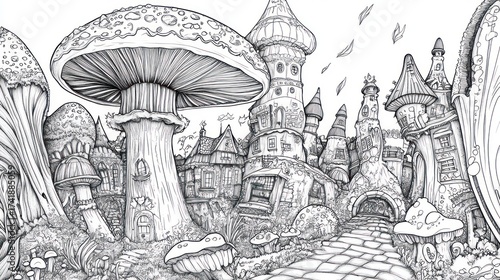 Fantasy mushroom city, whimsical town, charming buildings, background.  Possible use Coloring book, children's book illustration