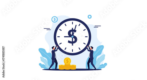 Time is money concept with people holding a clock and coins on a pedestal.