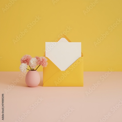Warm pastel minimal composition with yellow envelope and blank card beside pink vase of soft flowers on color block background for greeting or invitation designs