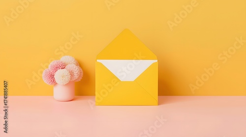 Warm pastel minimal composition with yellow envelope and blank card beside pink vase of soft flowers on color block background for greeting or invitation designs