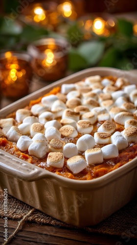 Close-up of thanksgiving sweet potato casserole marshmallows & cozy kitchen vibes