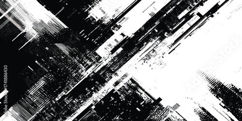 It depicts a highly textured composition with a focus on glitch art and visual noise, An abstract black and white digital art piece.