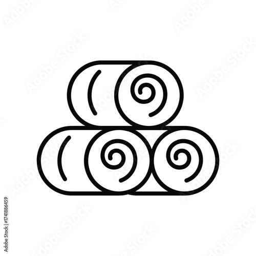 Three hay bales stacked black outline on white Two at bottom one atop. line icon editable stroke.