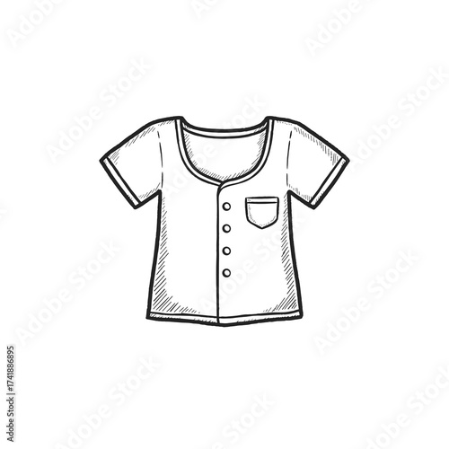 Hand-drawn blouse design with buttons and pocket on white background  