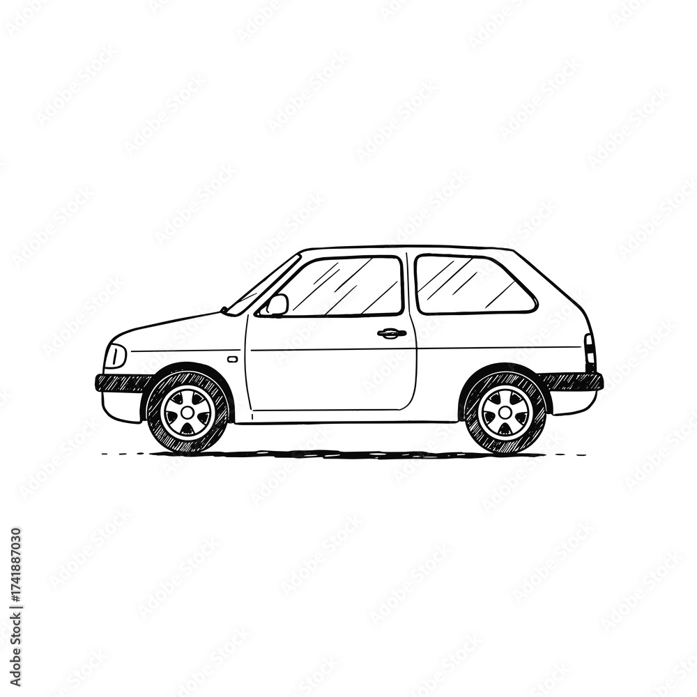 Naklejka premium Hand-drawn sketch of a compact car from the side view 