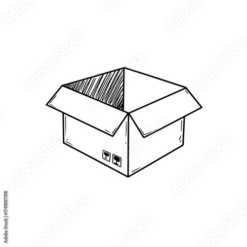 Empty cardboard box with open flaps sketched in black outline  