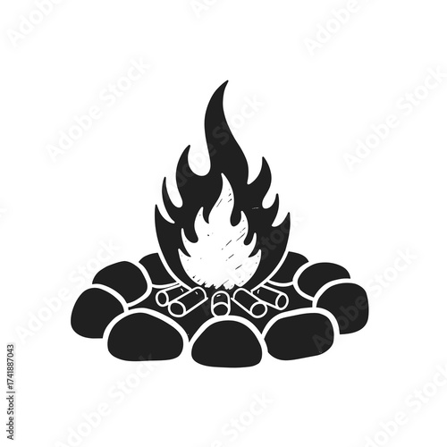 Campfire flame surrounded by stones in a minimalist style  