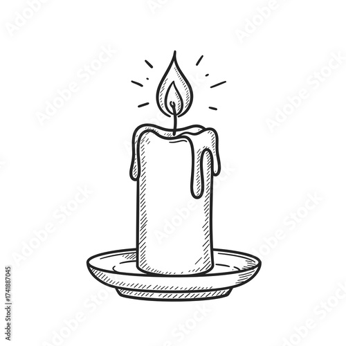 Candle in candlestick with melted wax on plate in sketch style  