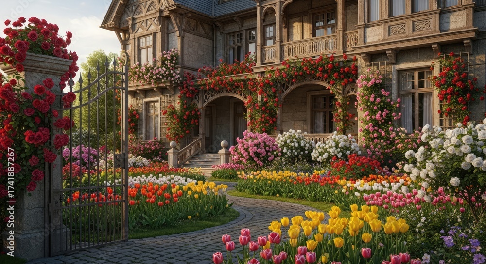 Fototapeta premium Roses tulips garden house estate mansion property home flowers blooming architecture landscape design