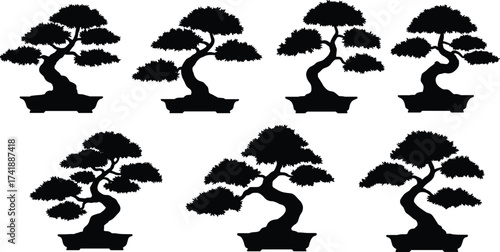Bonsai tree silhouette collection, black potted plant illustration, Japanese miniature tree design, natural zen art, decorative gardening symbol, oriental style