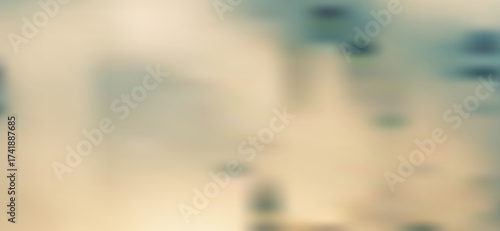 Soft, blurred abstract shows a gentle gradient transitioning from creamy beige to faded teal, creating a serene, dreamlike backdrop with subtle, undefined geometric forms and a calming atmosphere