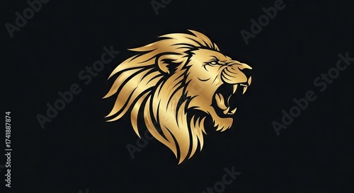 A goldcolored lion head roaring against a dark backdrop