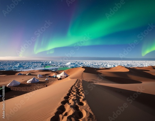 Surreal landscape showing the golden dunes of the Sahara Desert illuminated by a glowing aurora borealis in the night sky. Ice crystals sparkle on the sand as desert and Arctic worlds merge into one m