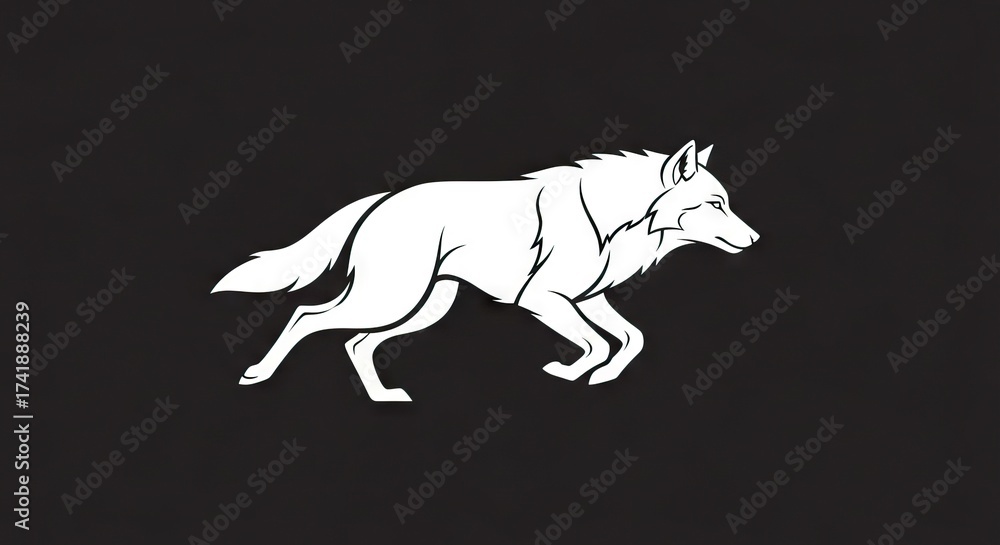 Fototapeta premium A stark white wolf strides against a black backdrop its silhouette defined by sharp lines