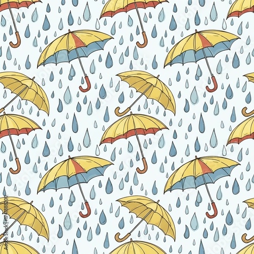Seamless pattern of yellow umbrellas and blue raindrops