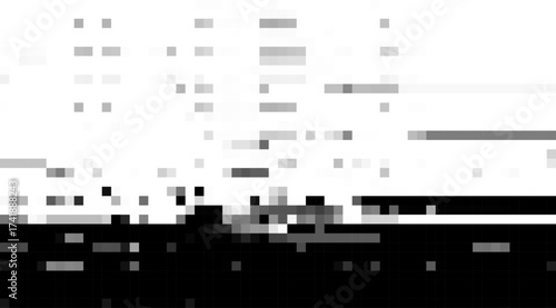 Abstract monochrome illustration featuring a stark contrast of black squares and bars against a bright white background, creating a digital or pixelated aesthetic with a minimalist design