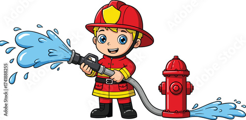 Cartoon firefighter character spraying water, fire hydrant, child in uniform, safety illustration, emergency service, fire hose, firefighting equipment, rescue concept