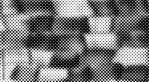 A dynamic black and white halftone pattern creates an abstract composition with varying densities of circular dots forming flowing shapes and contrasting shades of light and dark