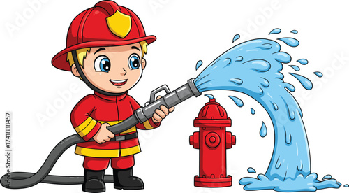 Cartoon firefighter character in uniform spraying water from fire hose, standing near hydrant, emergency rescue safety illustration for kids education.