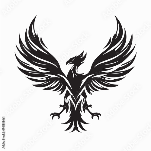 Flying Phoenix with Spread Wings Black and White Logo Vector