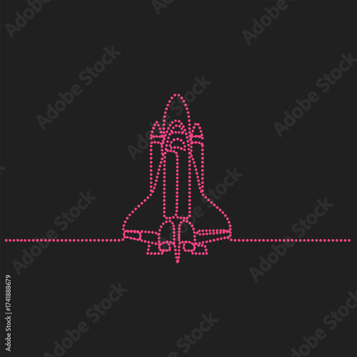 Stylized neon outline of a rocket ship with detailed fins and pointed nose against a dark